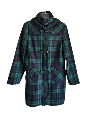 Vintage Lands End Wool Blend Duffle Coat Women L/XL Navy Green Tartan Plaid Hood